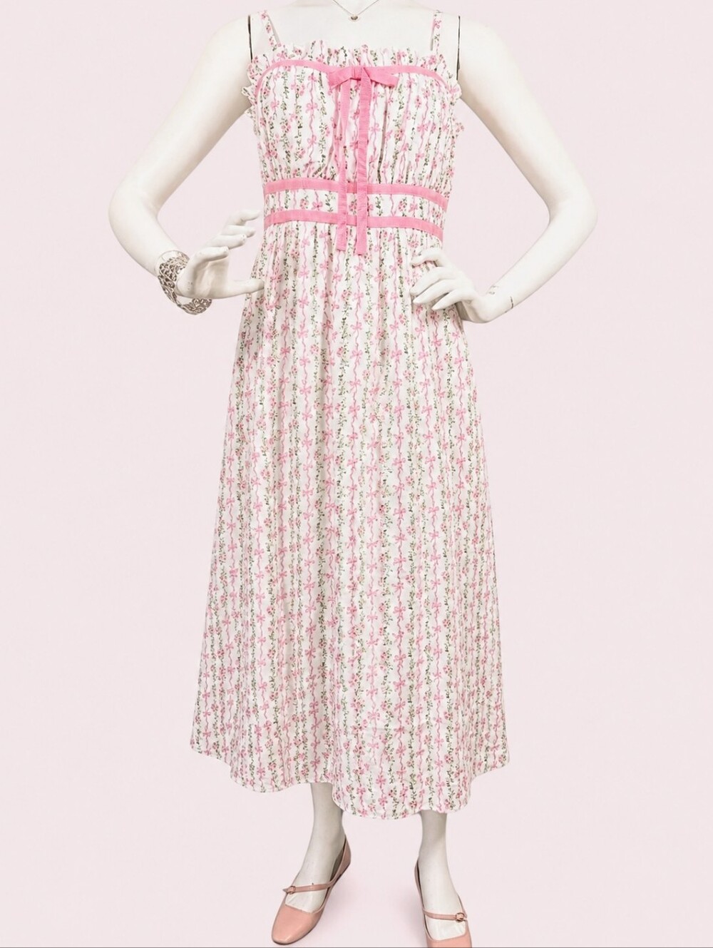 Blu Pepper Pink Floral Bow Midi Dress Coquette NWT Medium